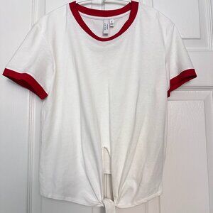 Tie-up ringer T-shirt with red collar